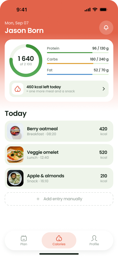 Panby daily calorie overview screen