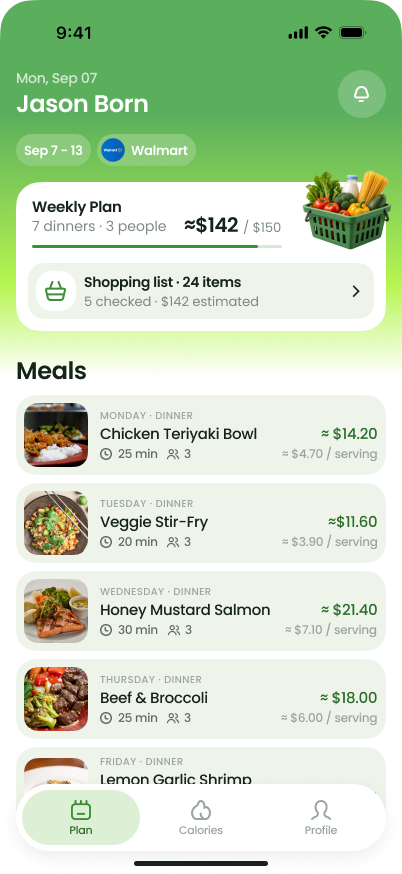Panby weekly meal plan screen